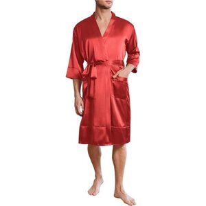 Men’s Red Lightweight Silky Satin Robe Kimono Bathrobe 3/4 Sleeve with Pockets